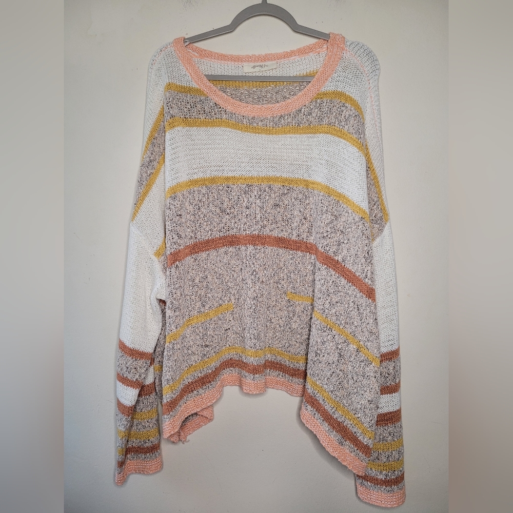 A Beautiful Soul Neutral Pastel Striped Open Knit Boho Pullover Sweater 2X